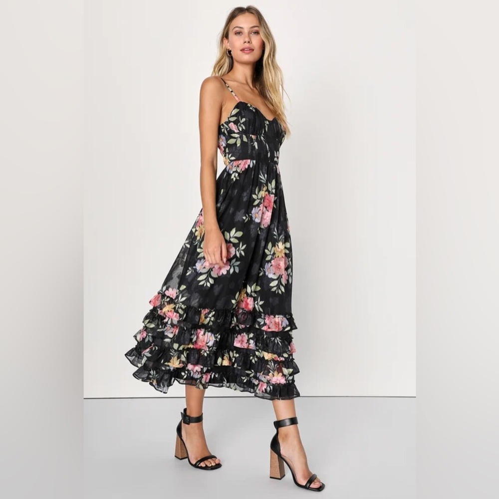 Lulu’s Elegant Radiance Black Floral Print Bustier Midi Dress - Picture 3 of 10